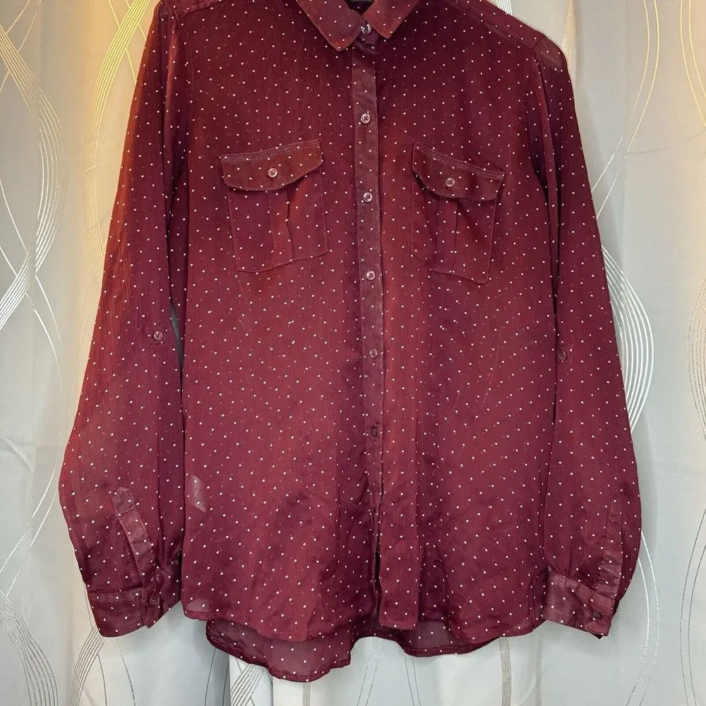 Eddie Bauer L Burgundy Long Sleeve Semi‎ Sheer Blouse Button Up Polka Dots - Picture 16 of 16
